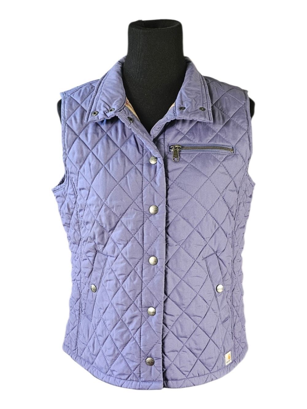 Carhartt Quilted Vest Purple Lavender Plaid Lined Snap Front Small